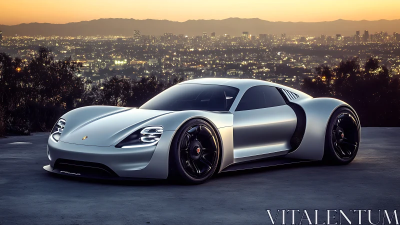Sleek silver supercar welcomes dusk above a glowing city skyline