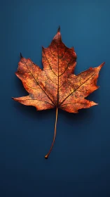 Single dried maple leaf centered on smooth blue surface