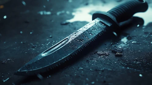 Stormlit survival knife resting in moody blue shadows.