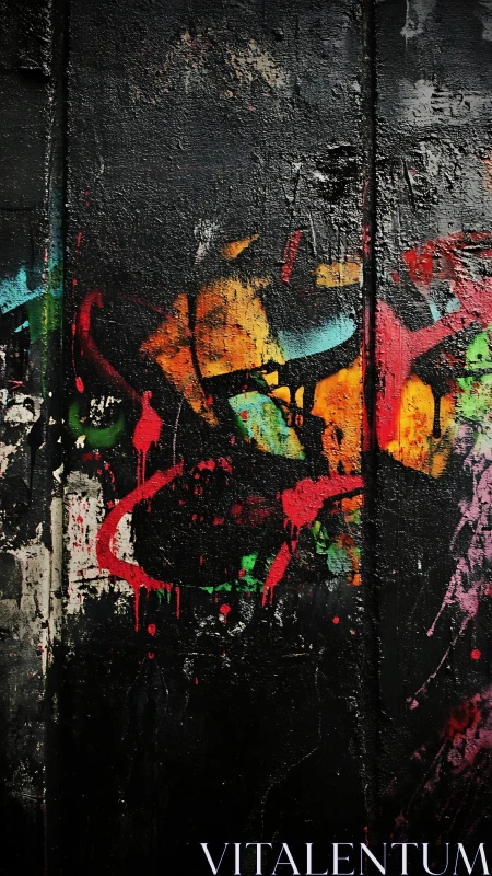 Street graffiti erupts in neon color against weathered black wall.