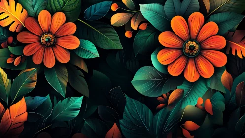 Vibrant orange blooms glow amid lush teal jungle leaves.