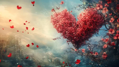 Heart-Shaped Tree Blooming Against Misty Cityscape with Falling Petals