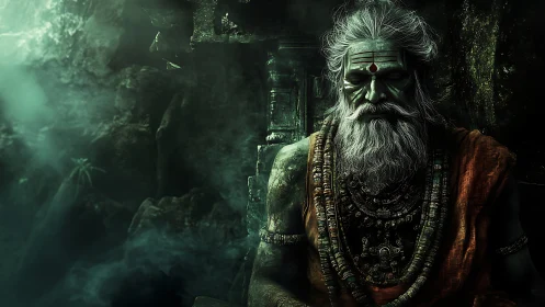 Mystic sage rests in shadowed cave wrapped in timeless calm