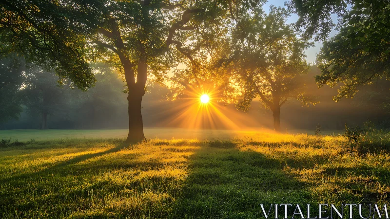 Golden sunrise pierces misty woodland clearing with warmth