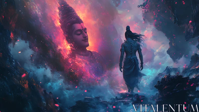 Divine wanderer meets cosmic deity in glowing nebula realm.