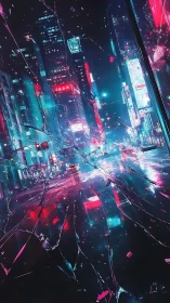 Fractured neon cityscape viewed through cracked reflective glass