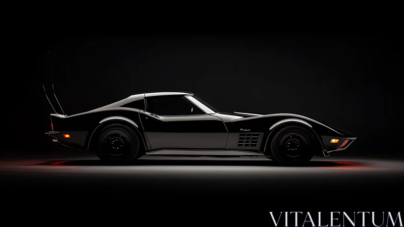 Low-key studio portrait of sleek black classic sports car.