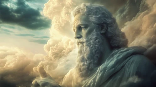 Gentle sky guardian resting within luminous rolling clouds.