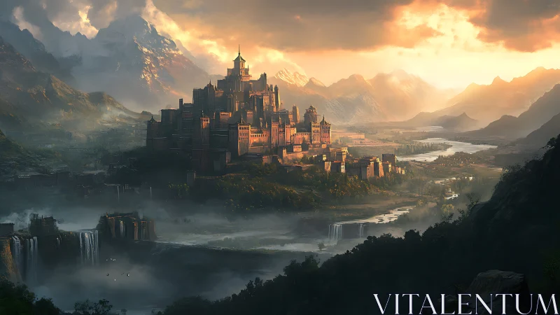 Sunlit mountain citadel dominates misted river valley