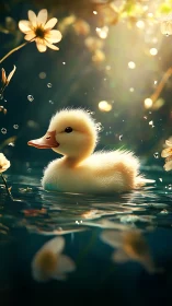 Golden duckling glides through sunlit floral pond scene