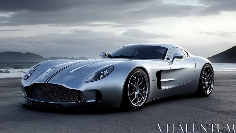 Silver sports car on coastal road under cloudy sky.