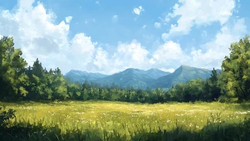 Sunlit mountain meadow opening to a bright blue summer sky.