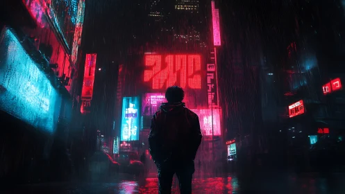 Silhouetted figure stands in neon city street under rain