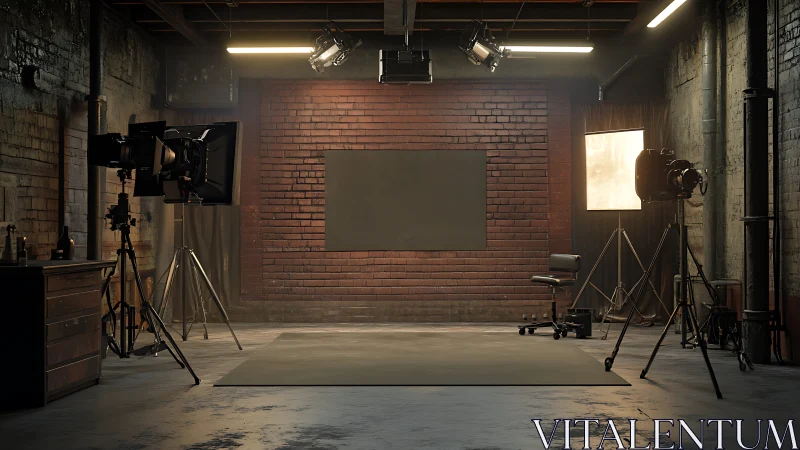 Industrial photo studio set with lights and brick backdrop.