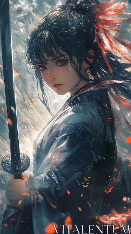Female swordsman stands in rain amid drifting sparks