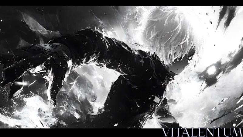 Monochrome anime warrior lunging through explosive lightstorm.