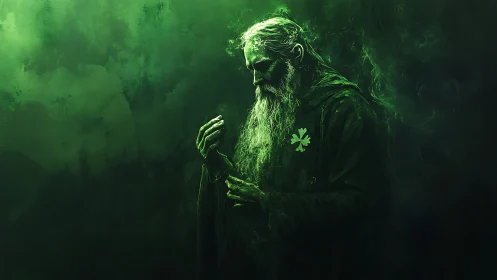 Hooded elder figure in green-tinted atmospheric haze.