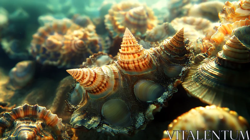 Spiral sea shells on seabed in warm underwater light.