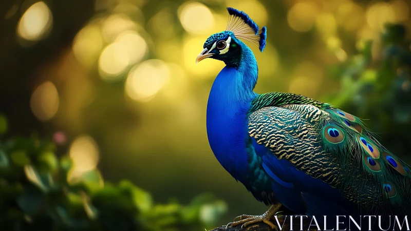 Vibrant peacock in sunlight, detailed nature photography style.