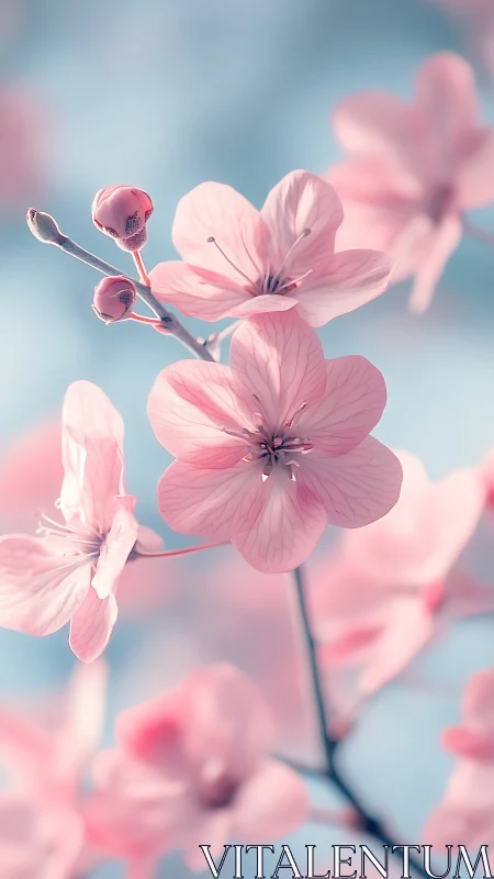 Delicate Pink Blossoms Against Blue Sky: Soft Focus Floral Study.