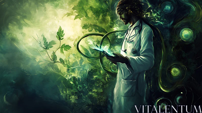 Doctor in glowing forest studies digital tablet quietly.