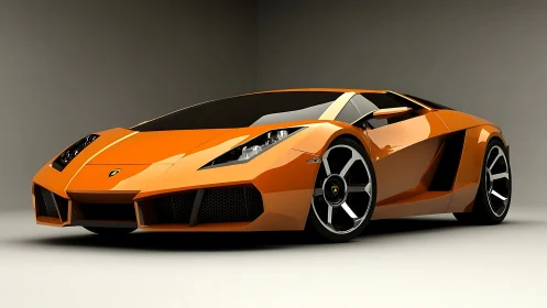 Orange low-angle luxury sports car render on neutral backdrop