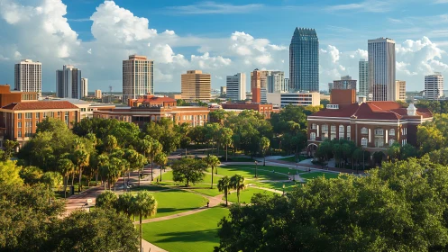 Sunlit campus oasis under a playful highrise skyline.
