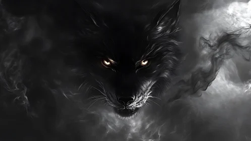 Mysterious smoky wolf spirit emerging from swirling shadows.