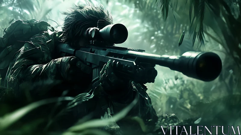 Silent jungle marksman waits in lush green cover for action
