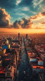 Sunlit avenue cuts through a glowing city at golden hour