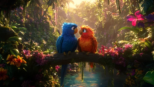 Two stylized parrots sit on a branch in dense tropical foliage