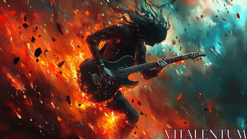 Guitarist shreds electric solo amid explosive firestorm