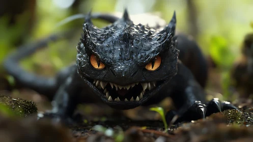 Menacing small black dragon with sharp teeth in forest