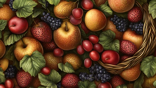 Hyperreal woven basket still life layers ripe mixed fruits