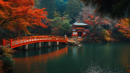 Red arch bridge and lakeside pavilion in forested autumn valley.