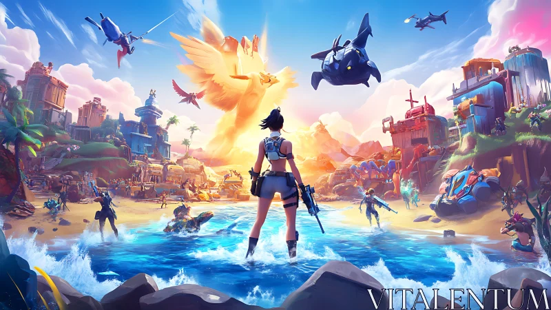 Combat-ready heroine on neon sci-fi beach under radiant phoenix