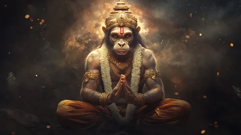 Divine monkey figure in prayer pose with burning backdrop.