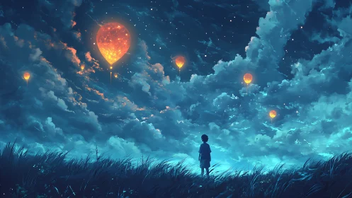 Child beneath luminous sky lanterns in dreamy nightscape.