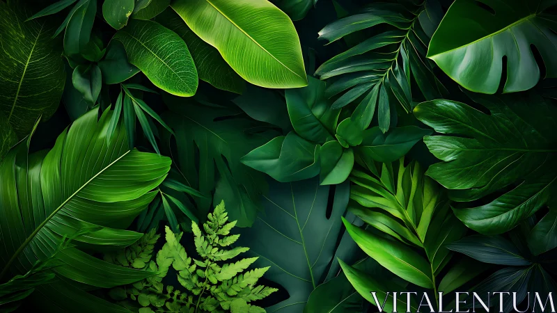Lush layered tropical leaves in rich overlapping greens.