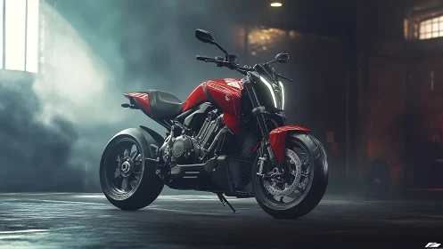 Photorealistic red sport motorcycle in cinematic warehouse lighting.