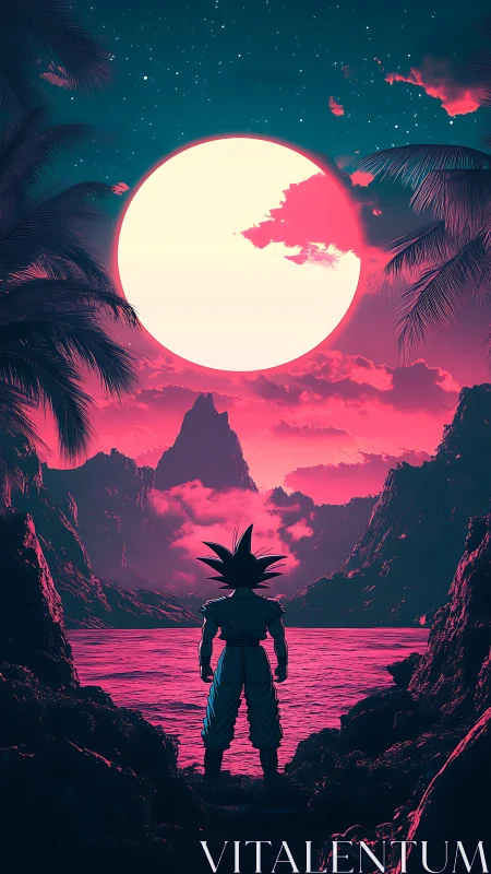 Neon anime warrior silhouette before hyper-lunar seascape.