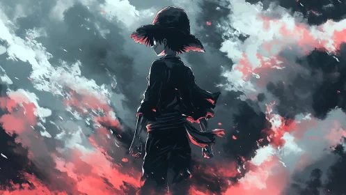 Solitary anime swordsman silhouetted against storm clouds.