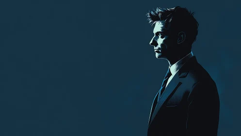 High contrast side-profile portrait uses duotone shading and rim light