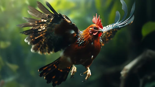 Vibrant rooster in mid-flight, detailed naturalistic style.