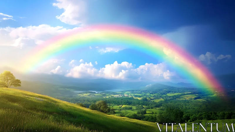 Vibrant rainbow arcs above sunlit valley landscape.