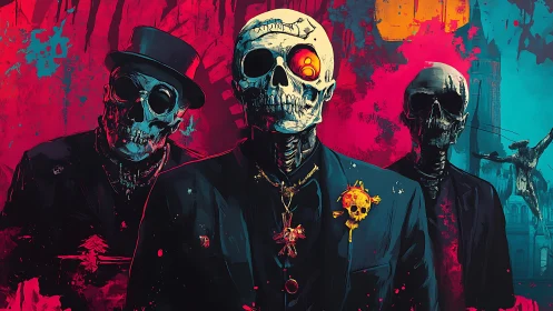 Neon skull gentlemen stroll through a painterly midnight.
