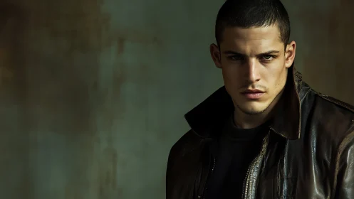 Young male subject in leather jacket against muted backdrop.