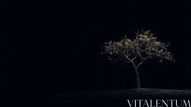 Isolated flowering tree illuminated against deep negative space
