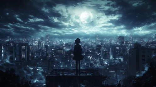 Lone silhouette contemplates a moonlit cyber city skyline