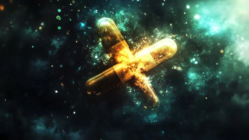 Glowing golden capsules cross through a vivid cosmic nebula
